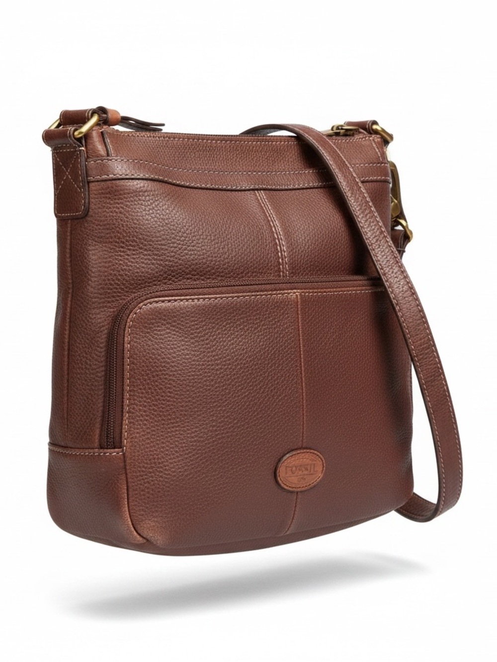 Fossil Morgan Traveler Brown Pebbled Leather Adjustable Strap Crossbody Bag
